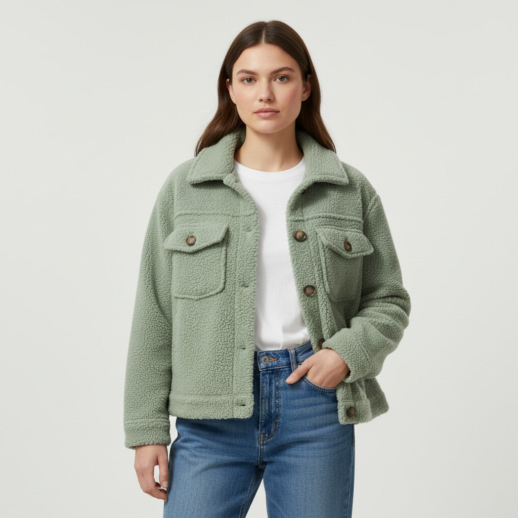 Teddy overshirt dames met overhemdkraag, knopen en klepzakken