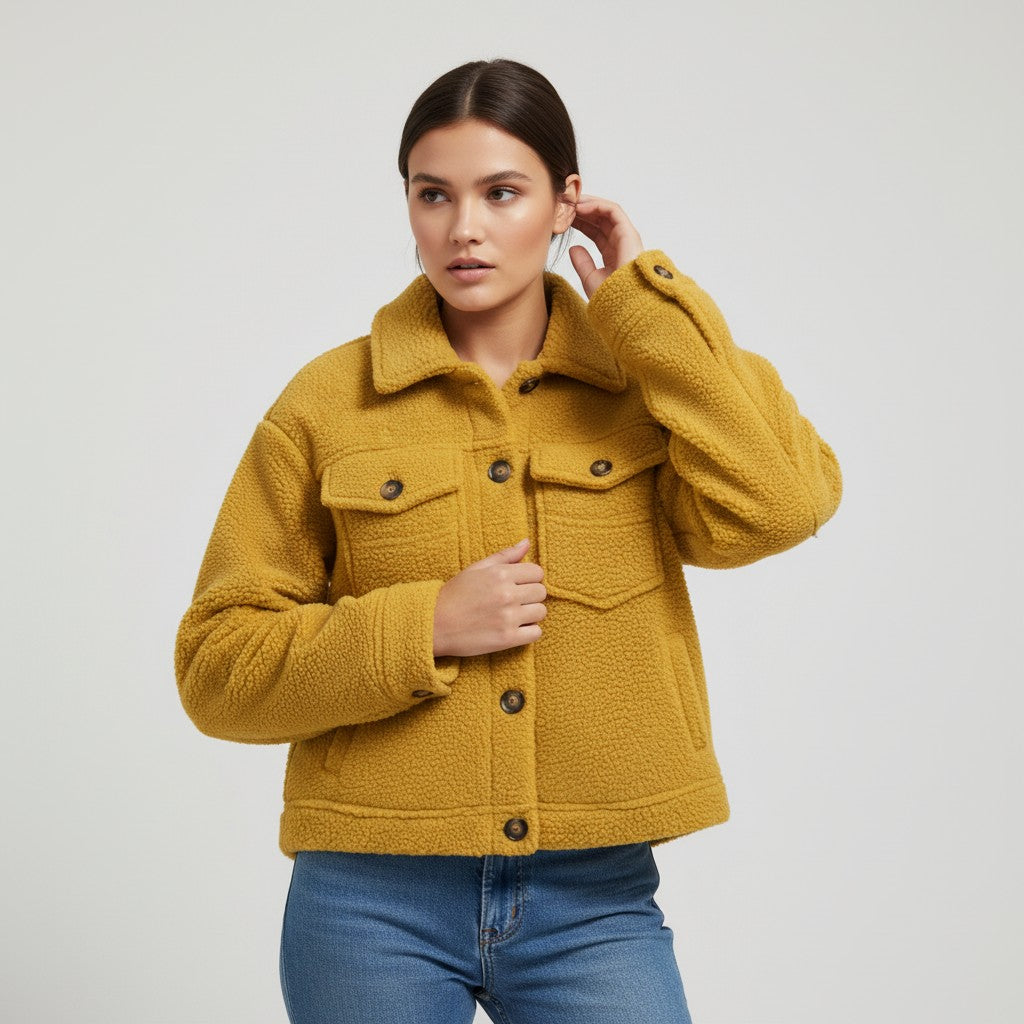 Teddy overshirt dames met overhemdkraag, knopen en klepzakken - geel