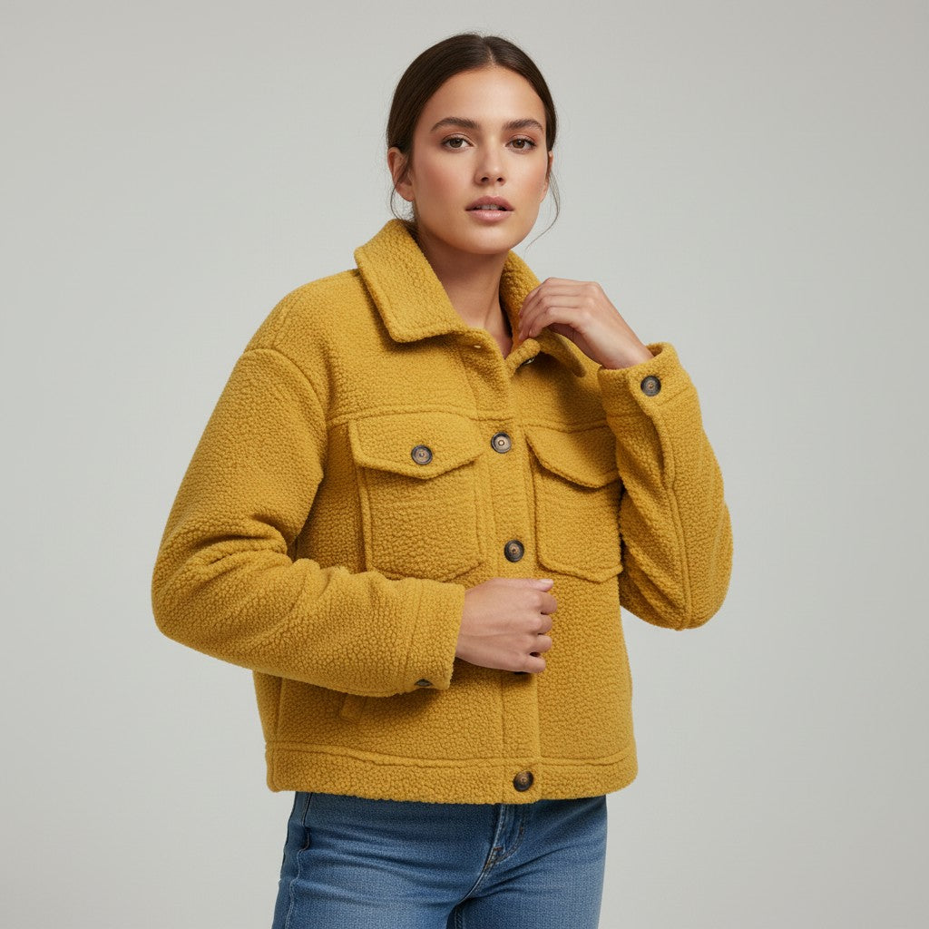 Teddy overshirt dames met overhemdkraag, knopen en klepzakken