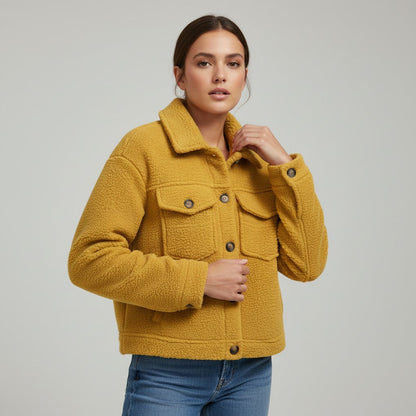 Teddy overshirt dames met overhemdkraag, knopen en klepzakken