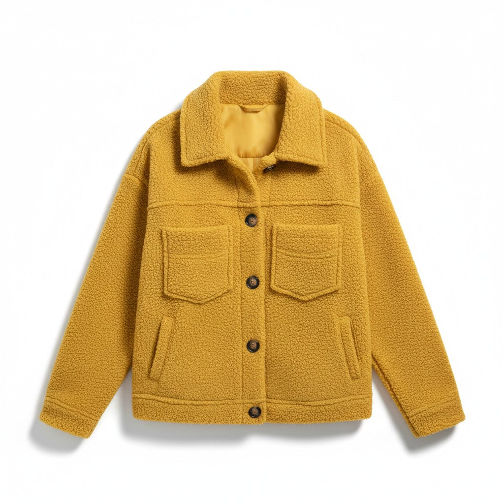 Teddy overshirt dames met overhemdkraag, knopen en klepzakken