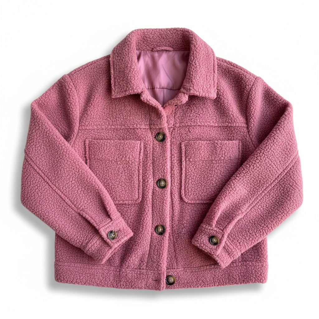 Teddy overshirt dames met overhemdkraag, knopen en klepzakken