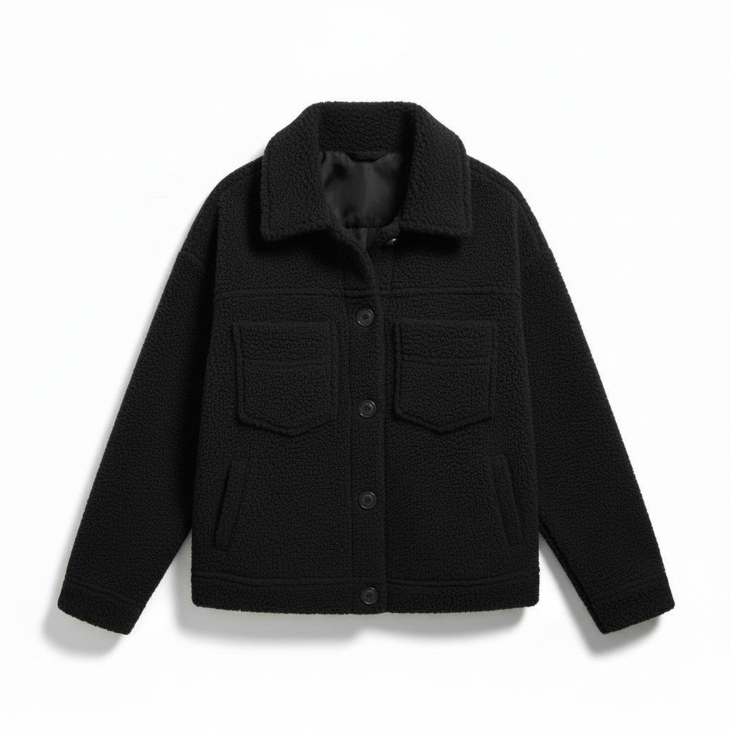 Teddy overshirt dames met overhemdkraag, knopen en klepzakken