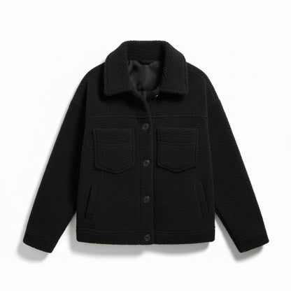 Teddy overshirt dames met overhemdkraag, knopen en klepzakken