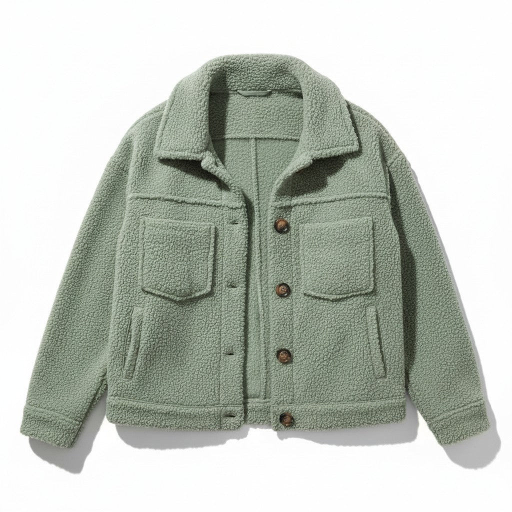 Teddy overshirt dames met overhemdkraag, knopen en klepzakken