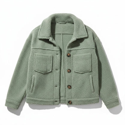 Teddy overshirt dames met overhemdkraag, knopen en klepzakken