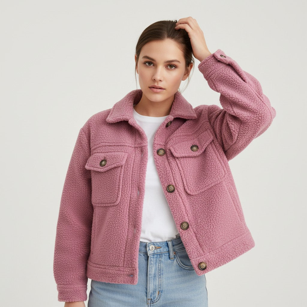 Teddy overshirt dames met overhemdkraag, knopen en klepzakken