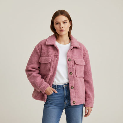 Teddy overshirt dames met overhemdkraag, knopen en klepzakken - roze