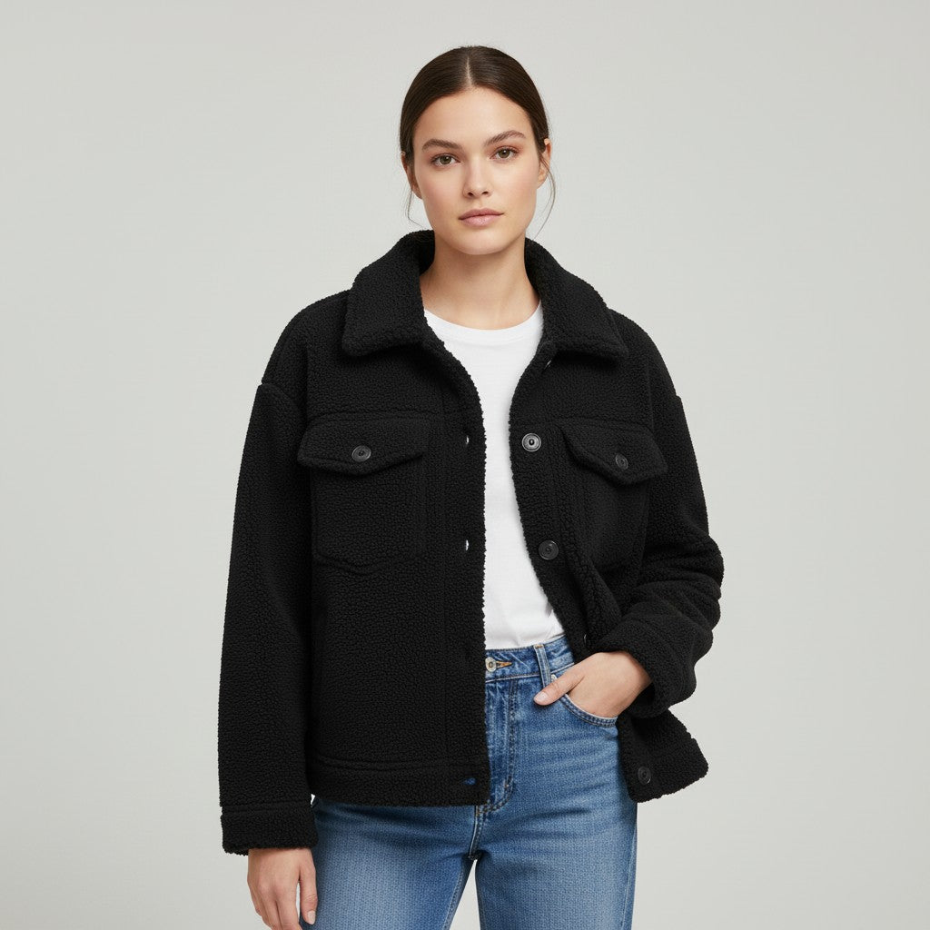 Teddy overshirt dames met overhemdkraag, knopen en klepzakken