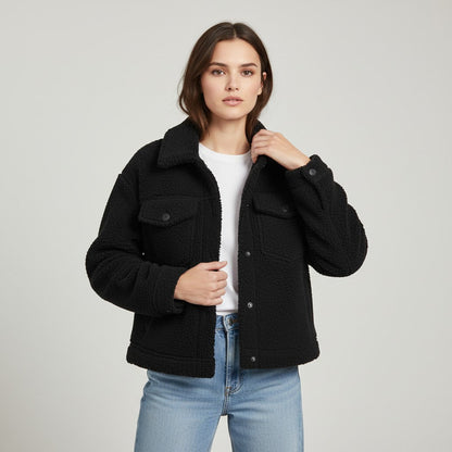Teddy overshirt dames met overhemdkraag, knopen en klepzakken - zwart