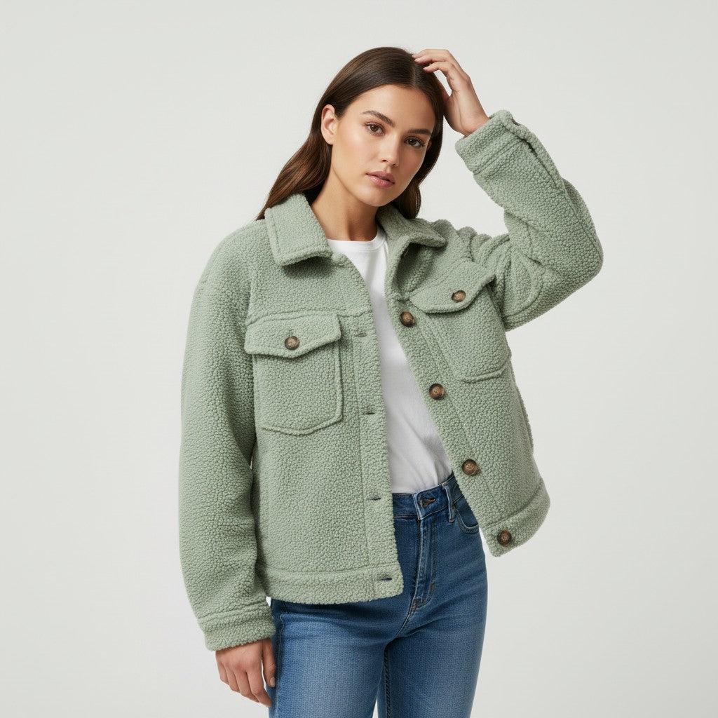 Teddy overshirt dames met overhemdkraag, knopen en klepzakken - saliegroen