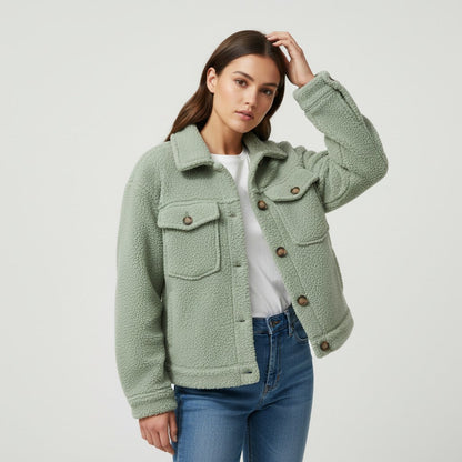 Teddy overshirt dames met overhemdkraag, knopen en klepzakken - saliegroen