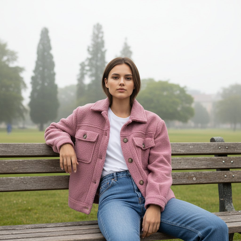 Teddy overshirt dames met overhemdkraag, knopen en klepzakken
