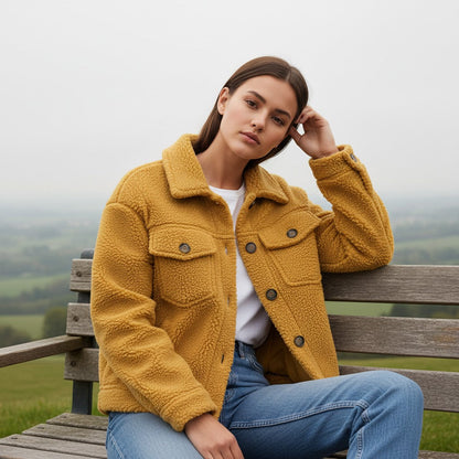 Teddy overshirt dames met overhemdkraag, knopen en klepzakken