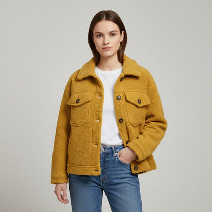 Teddy overshirt dames met overhemdkraag, knopen en klepzakken