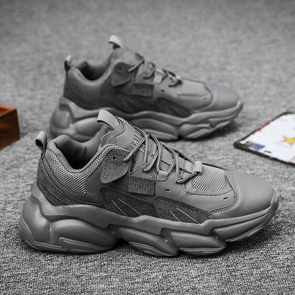 Chunky herensneakers met mesh, panelen in leerlook en suède look en dikke gelaagde zool - grijs