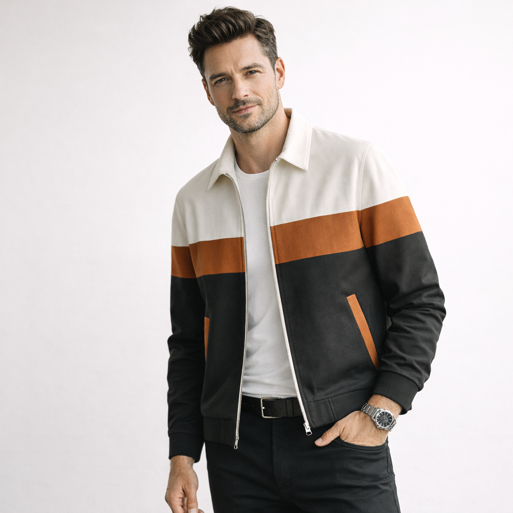 Colourblock herenjack in suède look met puntkraag en rits