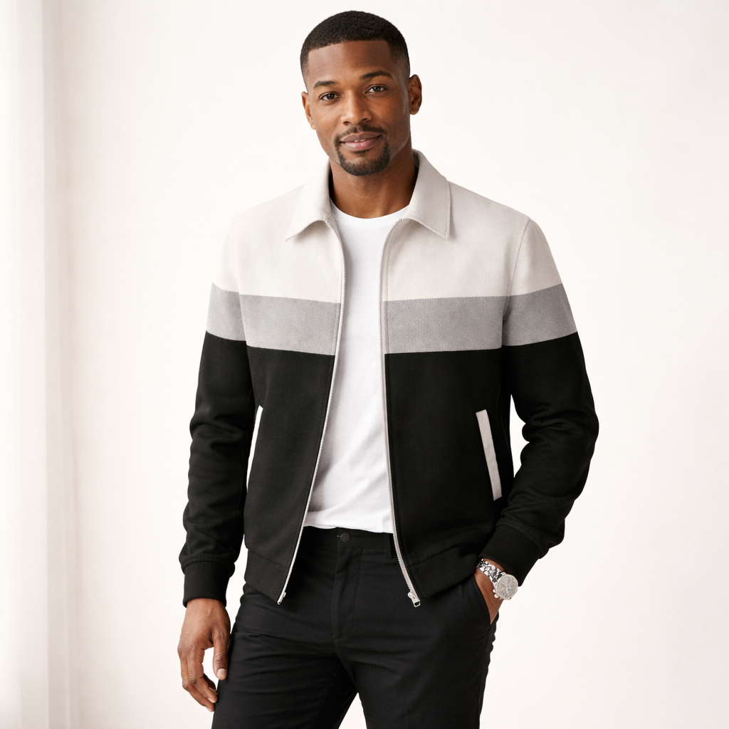 Colourblock herenjack in suède look met puntkraag en rits