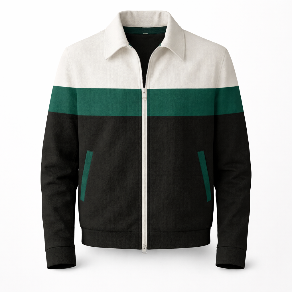 Colourblock herenjack in suède look met puntkraag en rits - donkergroen