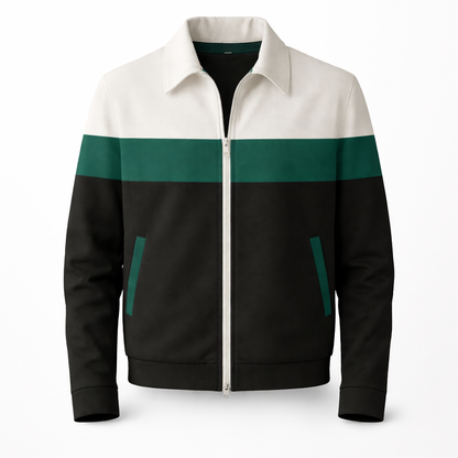 Colourblock herenjack in suède look met puntkraag en rits - donkergroen