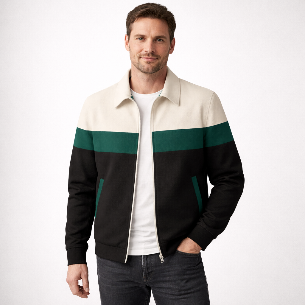 Colourblock herenjack in suède look met puntkraag en rits