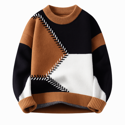 Colourblock herentrui met ronde hals en zigzagsteek in contrastkleur - bruin