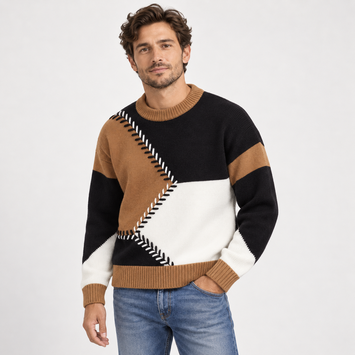 Colourblock herentrui met ronde hals en zigzagsteek in contrastkleur