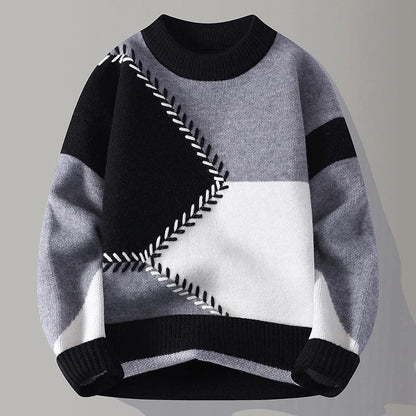 Colourblock herentrui met ronde hals en zigzagsteek in contrastkleur - grijs