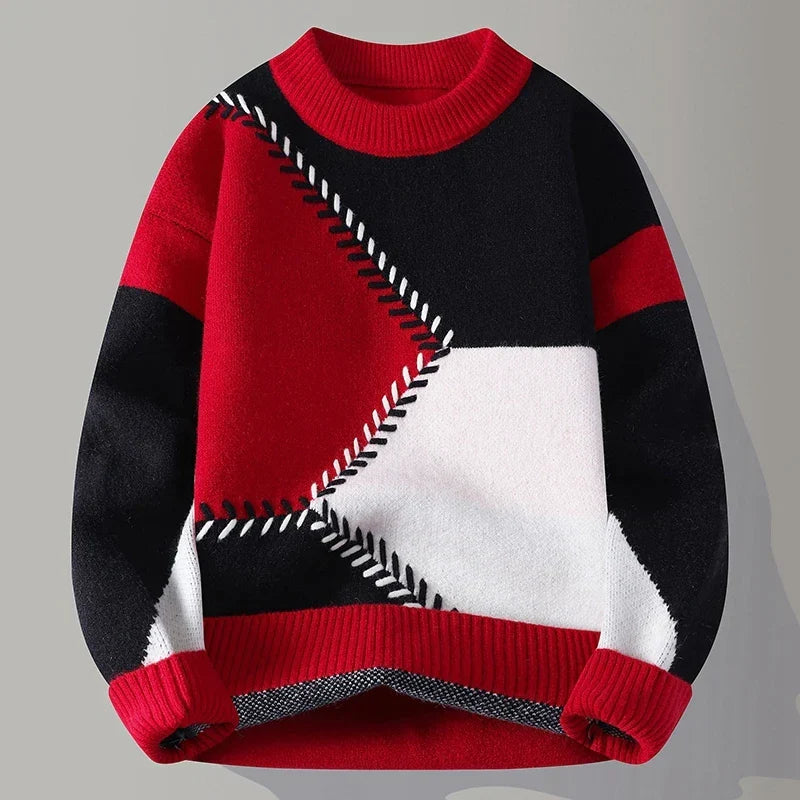 Colourblock herentrui met ronde hals en zigzagsteek in contrastkleur - rood