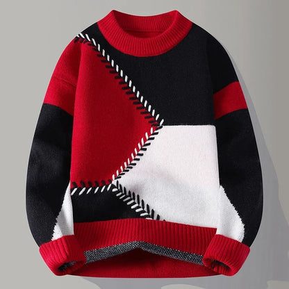 Colourblock herentrui met ronde hals en zigzagsteek in contrastkleur - rood