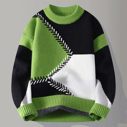 Colourblock herentrui met ronde hals en zigzagsteek in contrastkleur - limoengroen