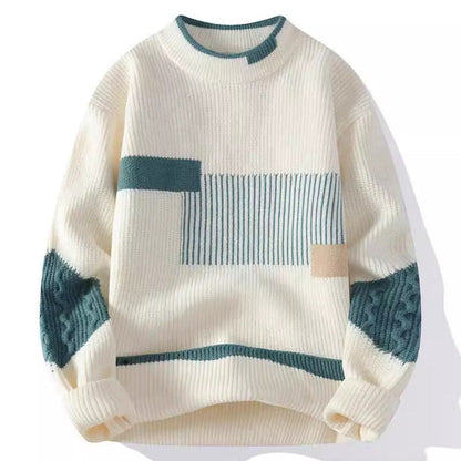 Colourblock herentrui met streepvlak en kabelsteek op de mouwen - gebroken wit