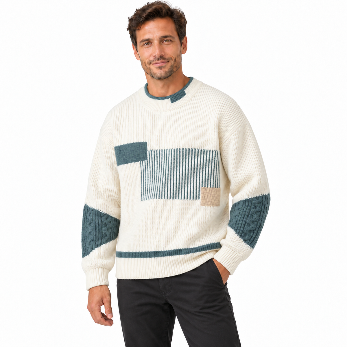 Colourblock herentrui met streepvlak en kabelsteek op de mouwen