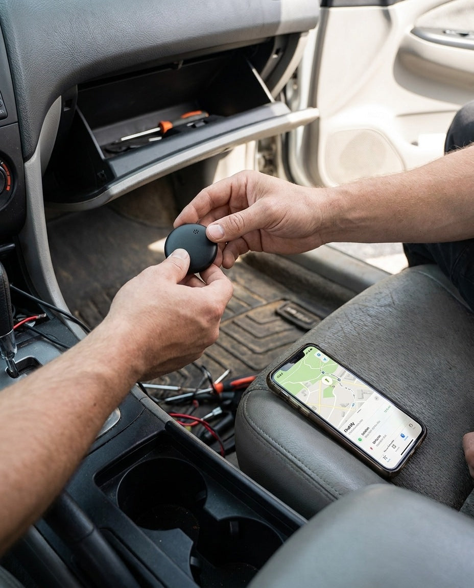 Compacte ronde GPS-tracker voor de auto met app op de telefoon - beeld 3