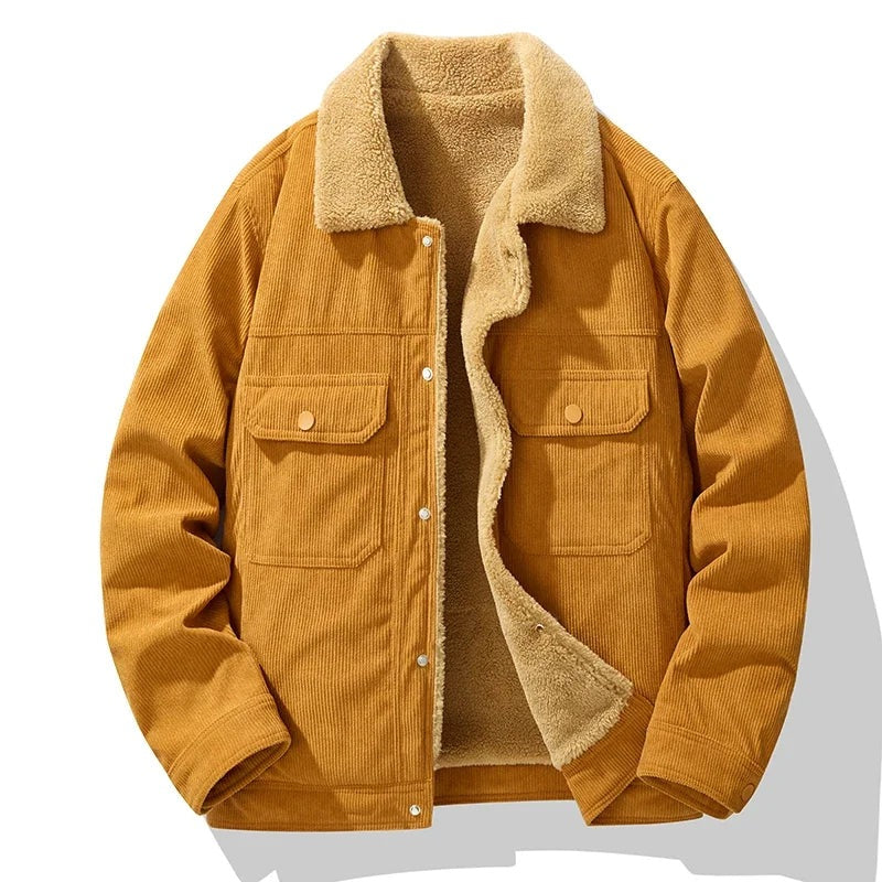 Corduroy herenjack met teddykraag, teddyvoering en borstzakken met drukknopen - oker