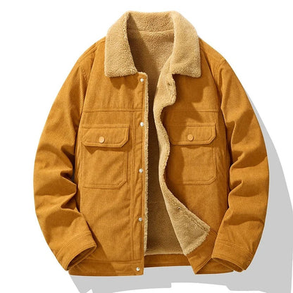 Corduroy herenjack met teddykraag, teddyvoering en borstzakken met drukknopen - oker