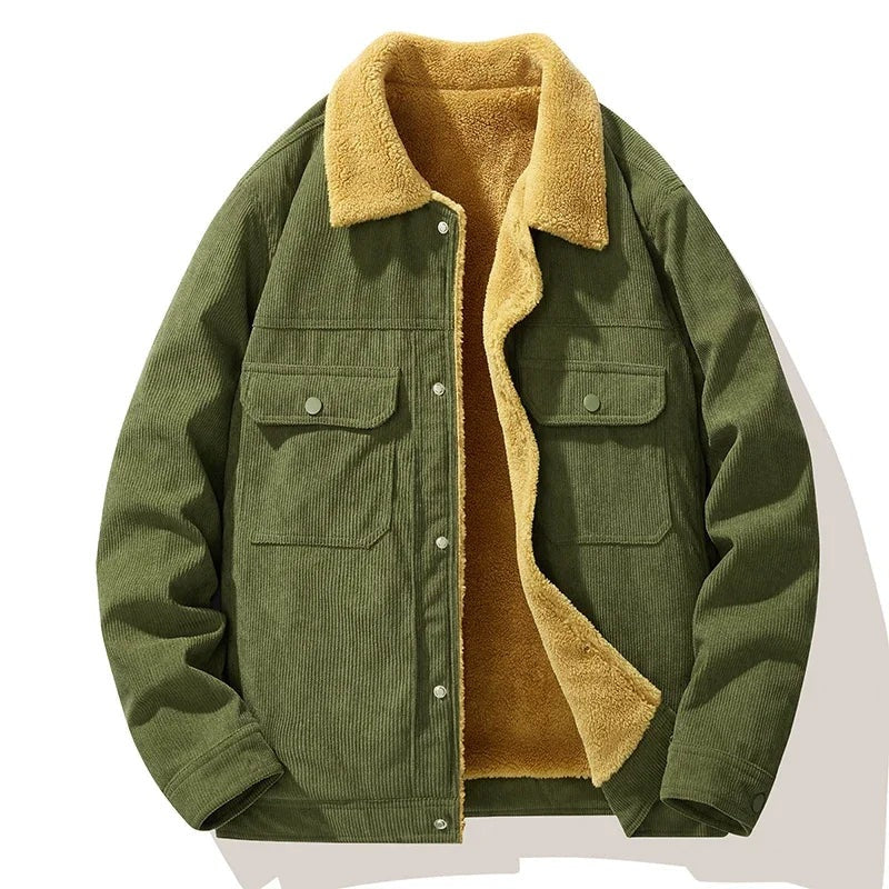 Corduroy herenjack met teddykraag, teddyvoering en borstzakken met drukknopen - olijfgroen