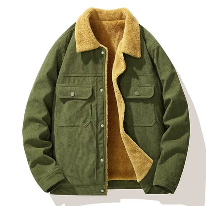 Corduroy herenjack met teddykraag, teddyvoering en borstzakken met drukknopen - olijfgroen