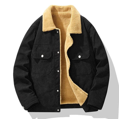 Corduroy herenjack met teddykraag, teddyvoering en borstzakken met drukknopen - zwart