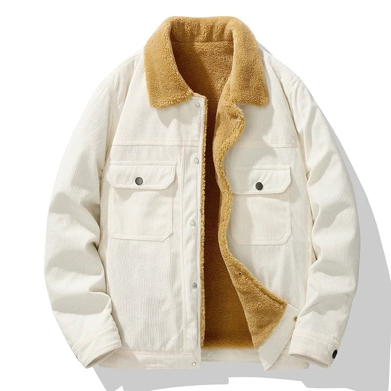 Corduroy herenjack met teddykraag, teddyvoering en borstzakken met drukknopen - ecru
