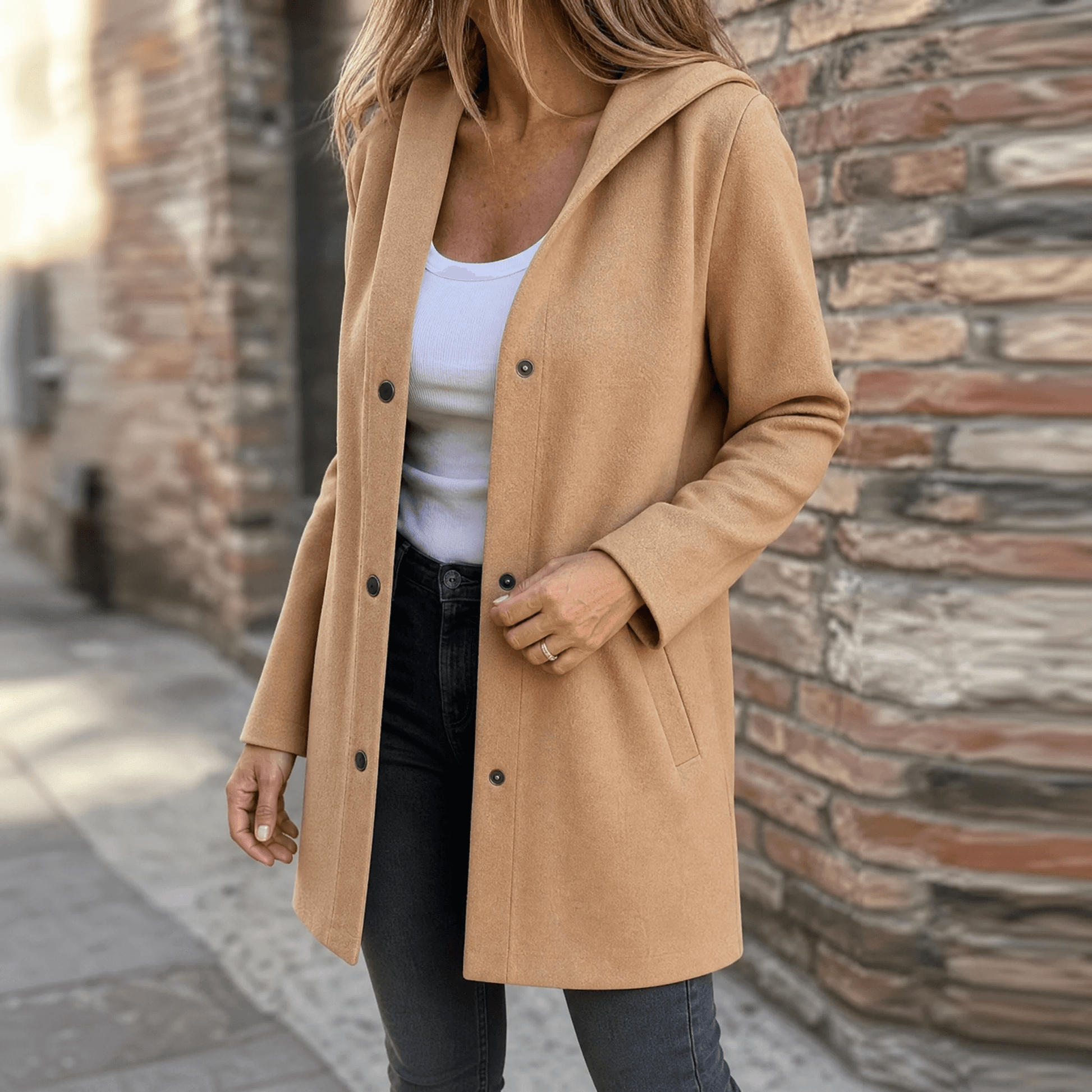 Vestjas dames met capuchon in Camel