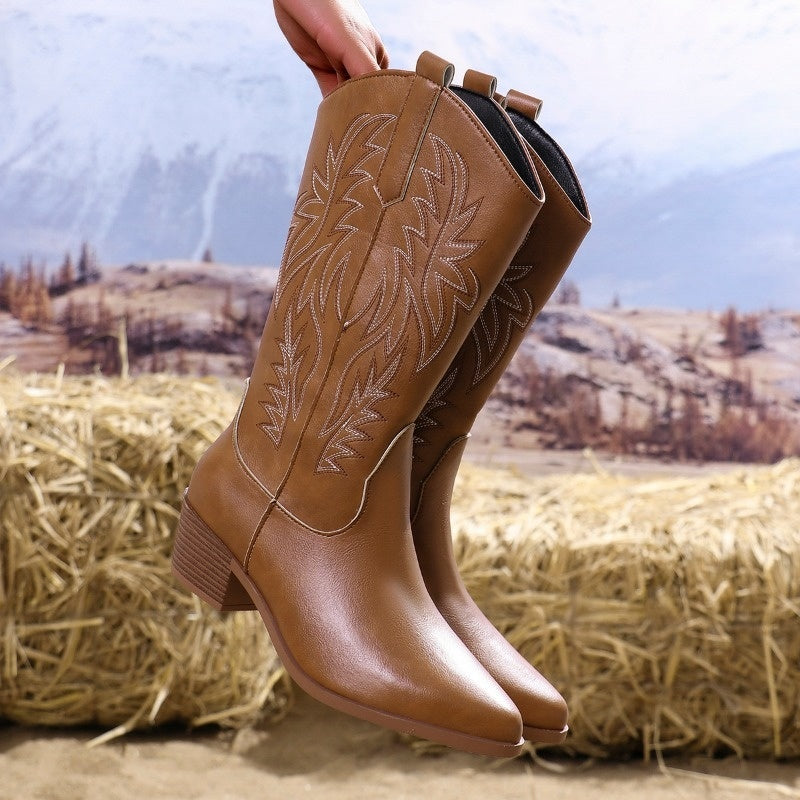 Cowboylaarzen voor dames met westernborduursel, puntneus en blokhak - bruin
