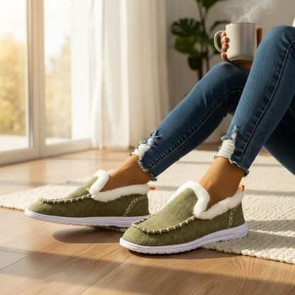 Instapschoenen met teddyvoering, mocassinstiksel en witte gedempte zool