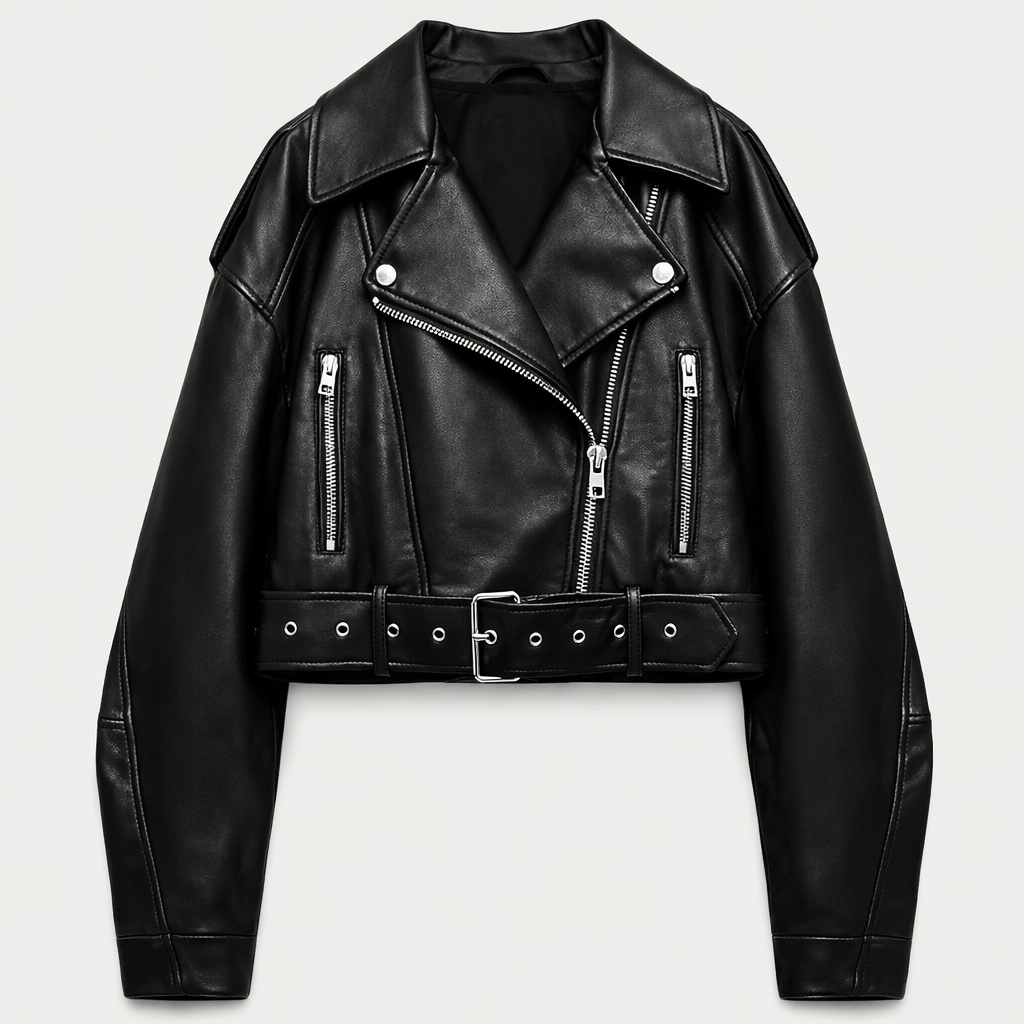 Cropped bikerjack voor dames in leerlook met schuine rits en ceintuur - zwart