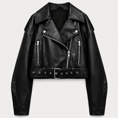 Cropped bikerjack voor dames in leerlook met schuine rits en ceintuur - zwart