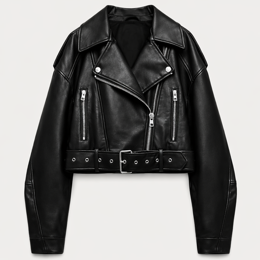 Cropped bikerjack voor dames in leerlook met schuine rits en ceintuur - zwart
