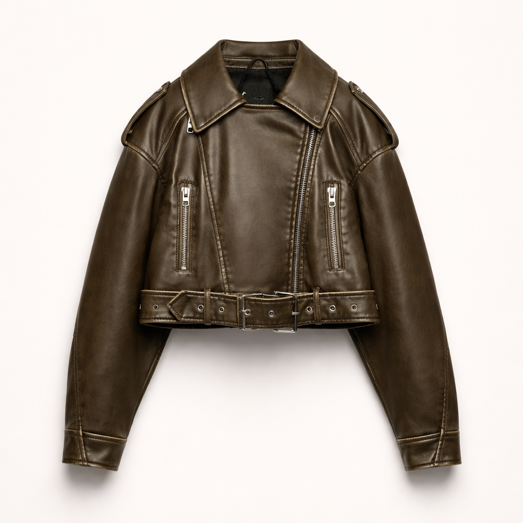 Cropped bikerjack voor dames in leerlook met schuine rits en ceintuur - olijfbruin
