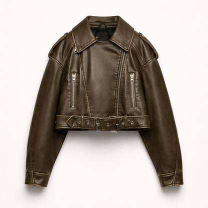Cropped bikerjack voor dames in leerlook met schuine rits en ceintuur - olijfbruin