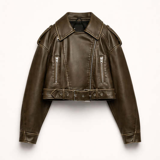 Cropped bikerjack voor dames in leerlook met schuine rits en ceintuur - olijfbruin