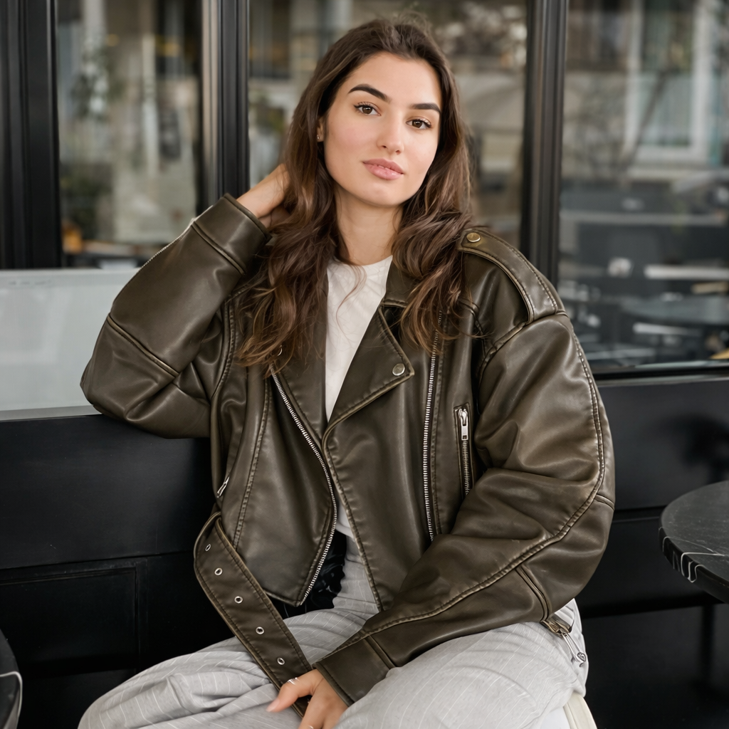 Cropped bikerjack voor dames in leerlook met schuine rits en ceintuur